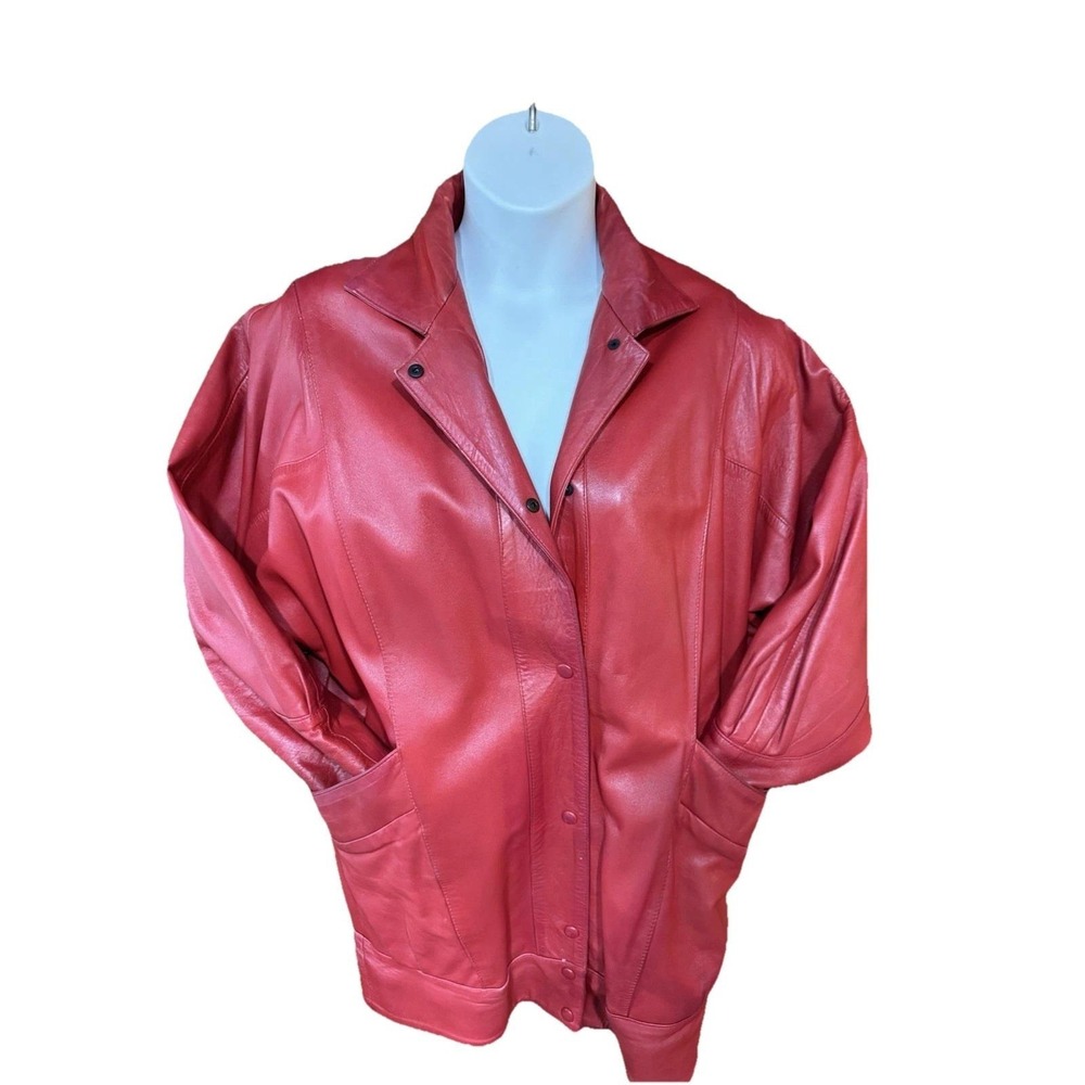 Vintage 80s Red Leather Jacket Oversized Dolman Sleeve Batwing Snap Front‎ Red